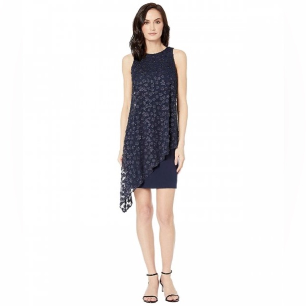 NWT Tahari Navy Floral Sequin Asymmetric Dress